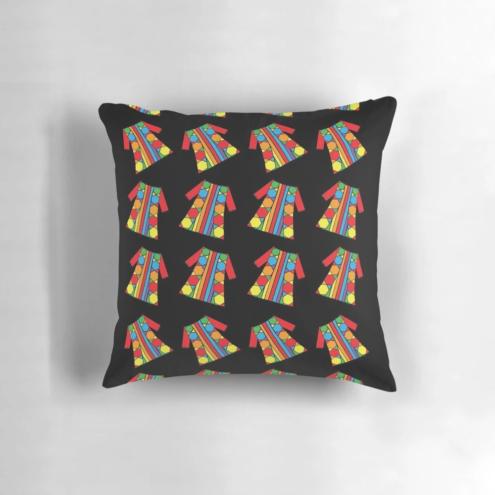 Colorful "Joseph and the Amazing Technicolor Dreamcoat" inspired pillow featuring a rainbow design.