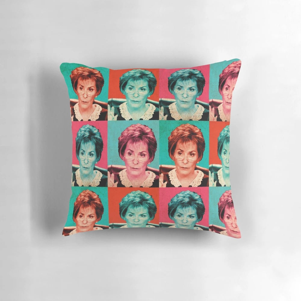 Colorful pop art style pillow featuring a portrait of Judge Judy