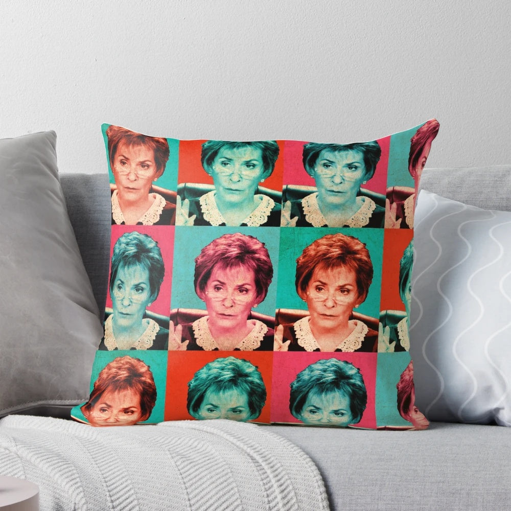 Colorful pop art style pillow featuring a portrait of Judge Judy