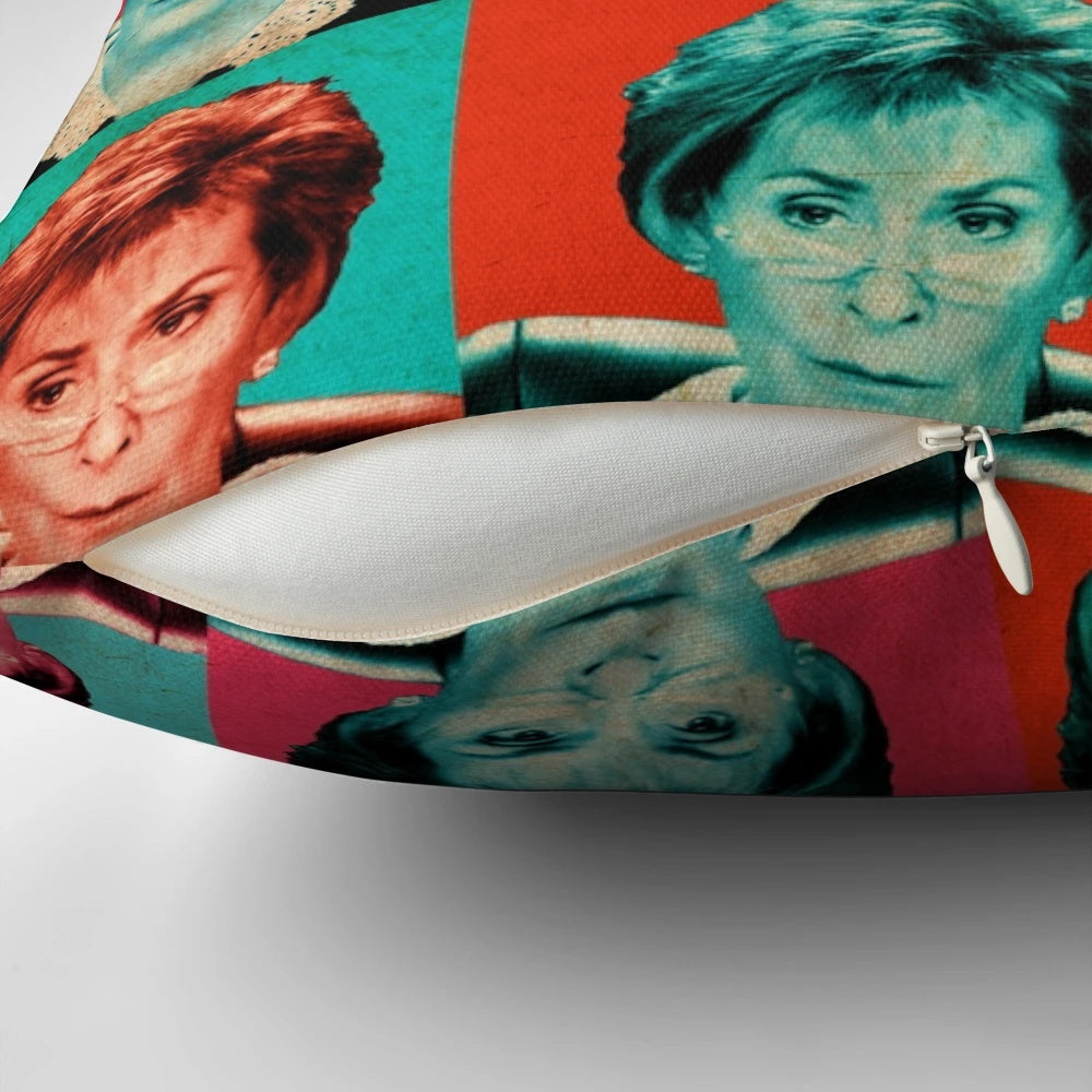 Colorful pop art style pillow featuring a portrait of Judge Judy