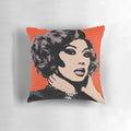 Colorful pop art-style pillow featuring the likeness of Jujubee, a beloved drag queen from RuPaul's Drag Race