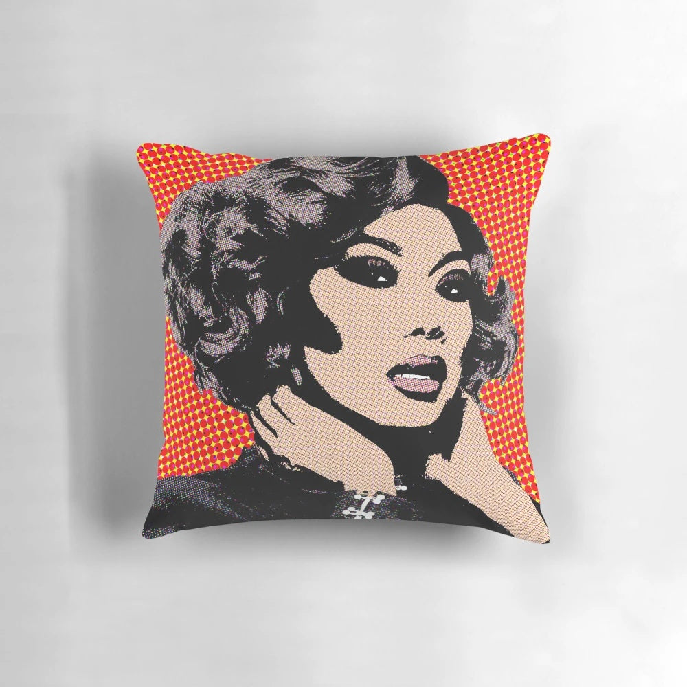 Colorful pop art-style pillow featuring the likeness of Jujubee, a beloved drag queen from RuPaul's Drag Race