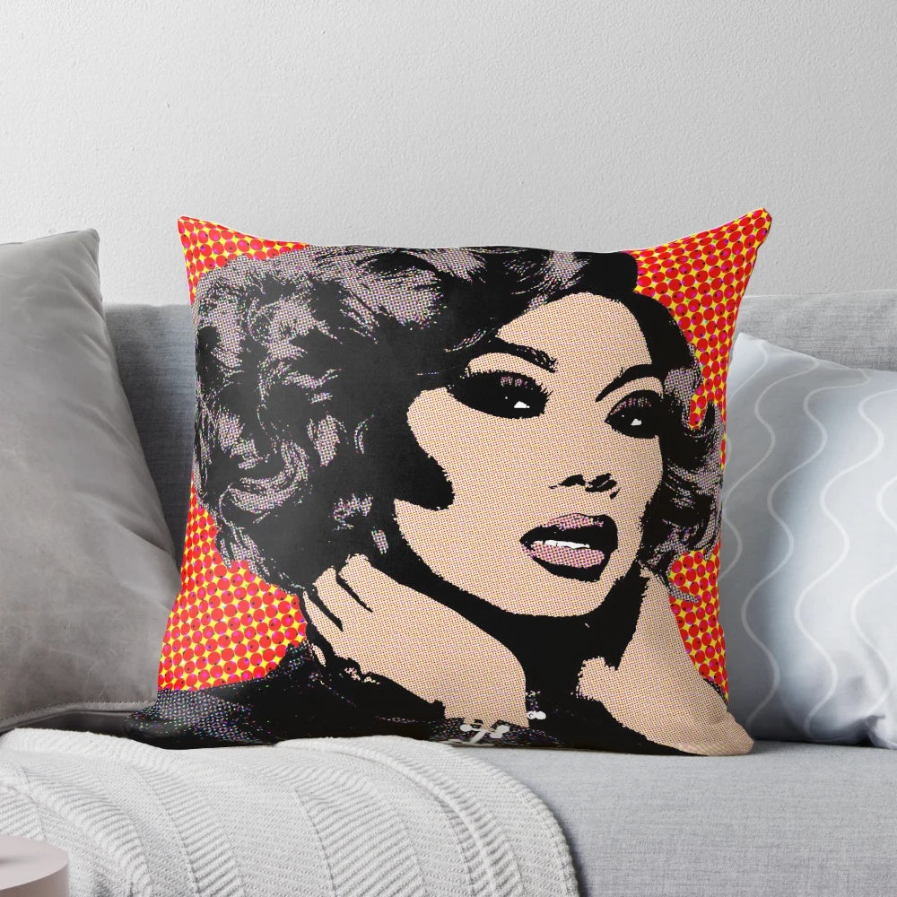 Colorful pop art-style pillow featuring the likeness of Jujubee, a beloved drag queen from RuPaul's Drag Race