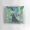 Decorative pillow featuring a lush, botanical jungle design with a jaguar or panther-like cat