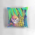 Colorful jungle leopard print decorative pillow with vibrant palm leaves and nature elements