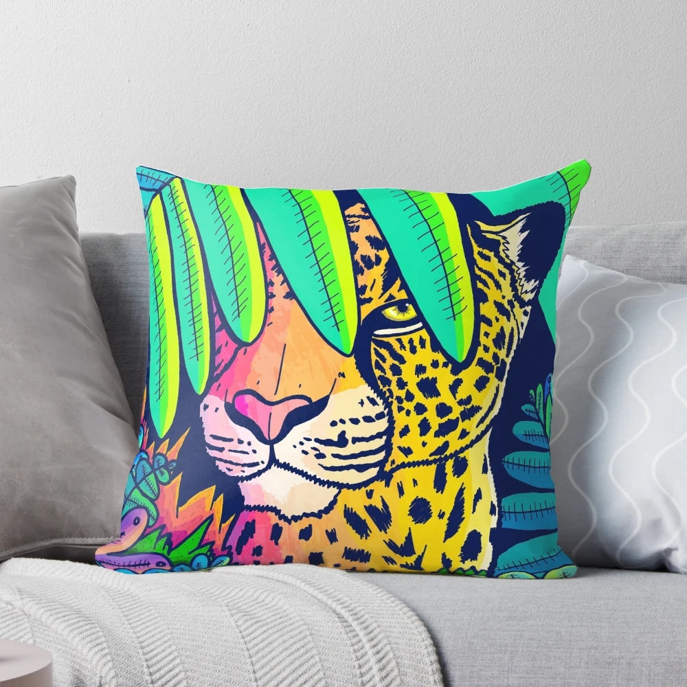 Colorful jungle leopard print decorative pillow with vibrant palm leaves and nature elements