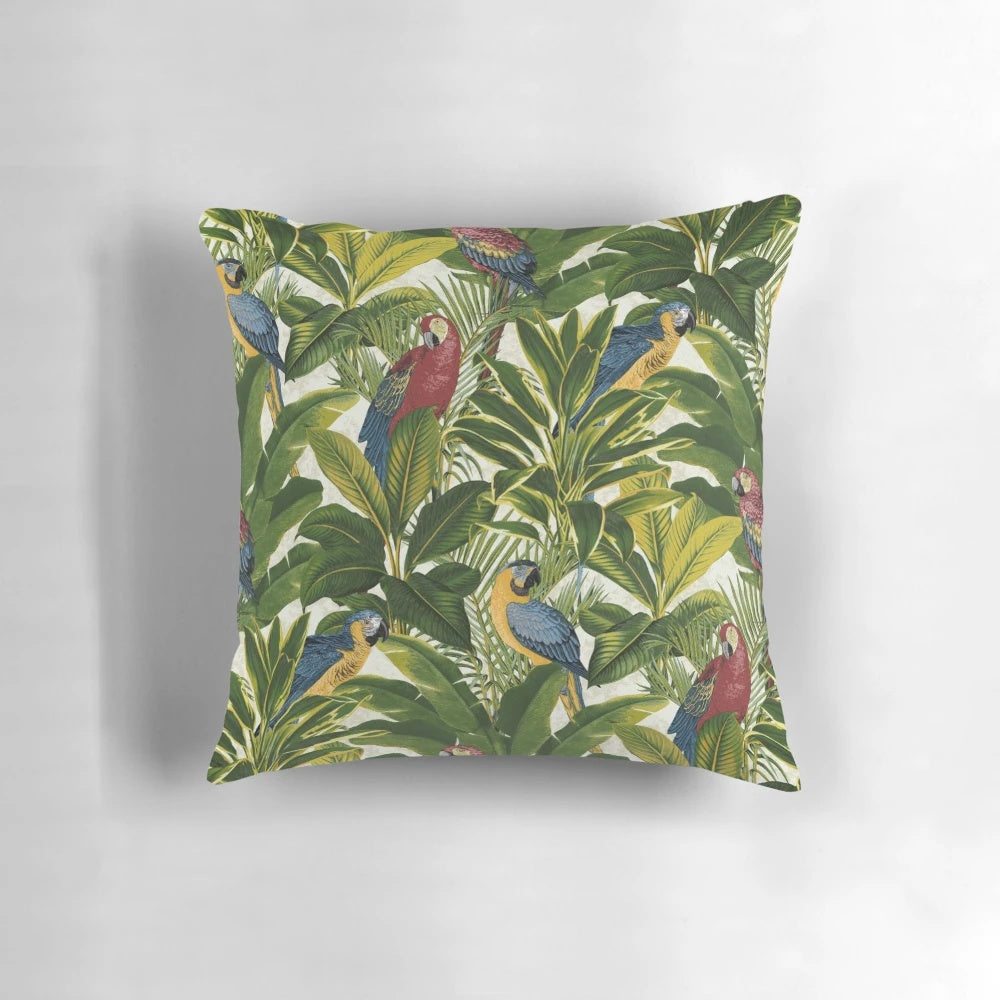 Colorful throw pillow featuring a tropical parrot bird pattern in a lush jungle setting.