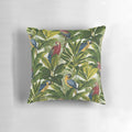 Colorful throw pillow featuring a tropical parrot bird pattern in a lush jungle setting.