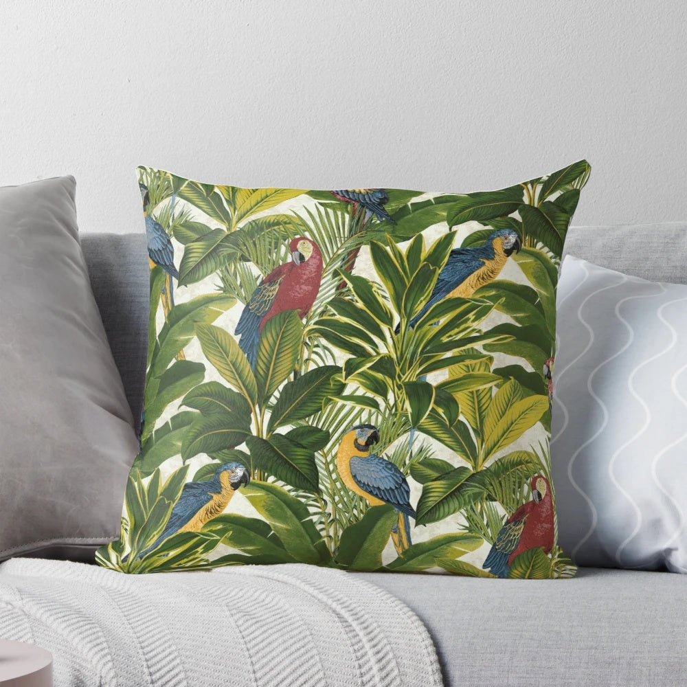 Colorful throw pillow featuring a tropical parrot bird pattern in a lush jungle setting.