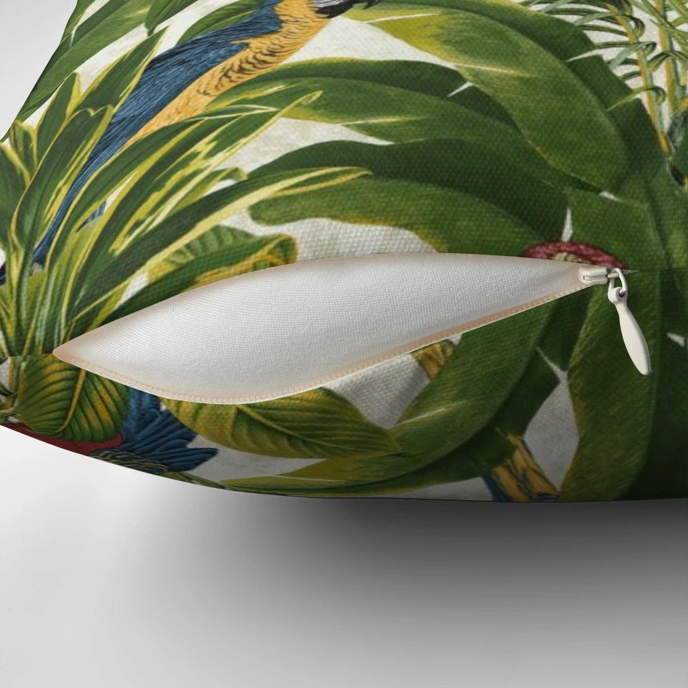 Colorful throw pillow featuring a tropical parrot bird pattern in a lush jungle setting.