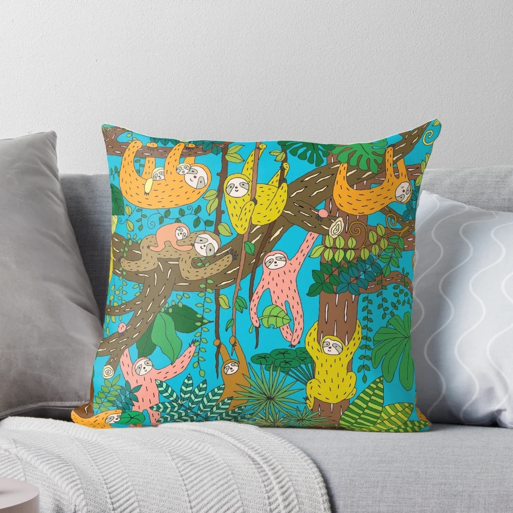 A colorful and graphic sloth pillow with a happy, smiling sloth design set in a lush, tropical jungle landscape.