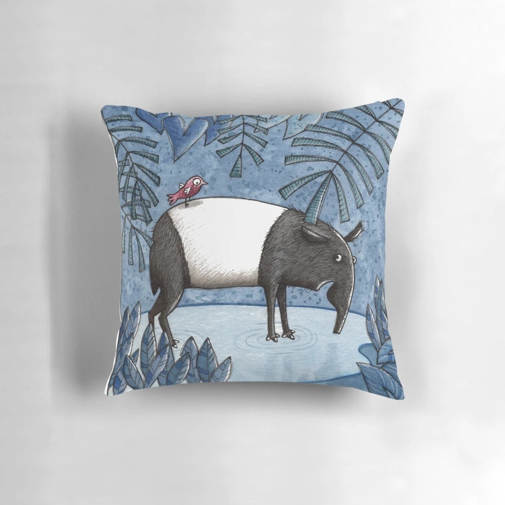 Colorful watercolor illustration of a Tapir (Schabrackentapir) in a lush, tropical jungle scene on a throw pillow.