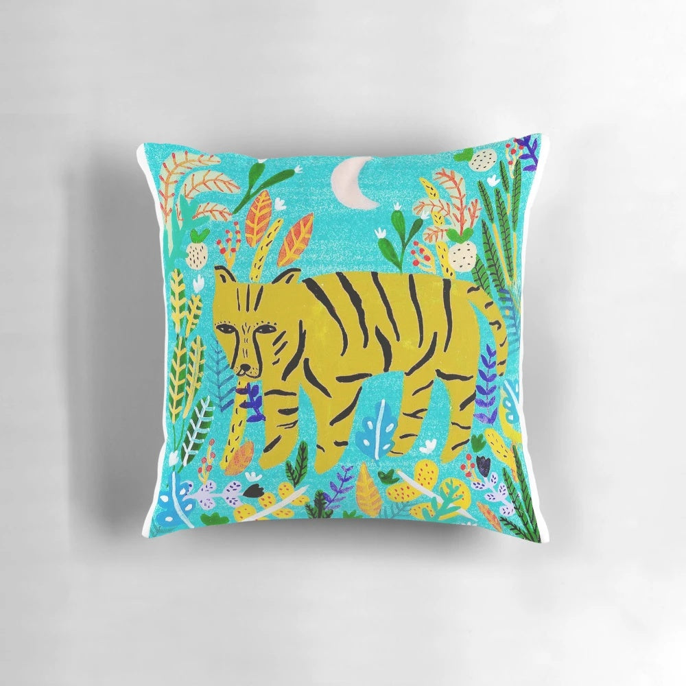 Whimsical illustration of a tiger in a lush, colorful jungle setting