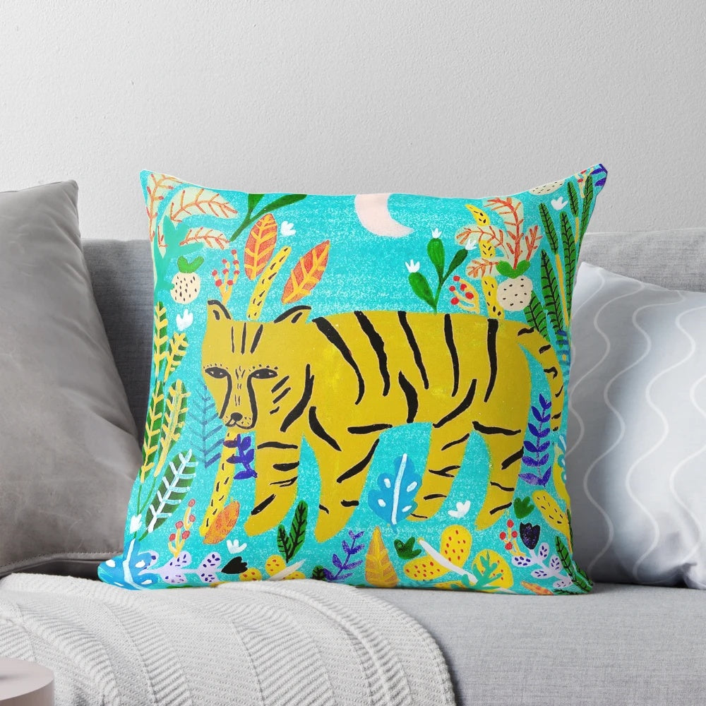 Whimsical illustration of a tiger in a lush, colorful jungle setting