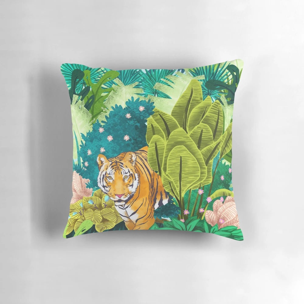 Lush tropical jungle scene with a majestic tiger, portrayed in a beautiful watercolor style on a decorative throw pillow.