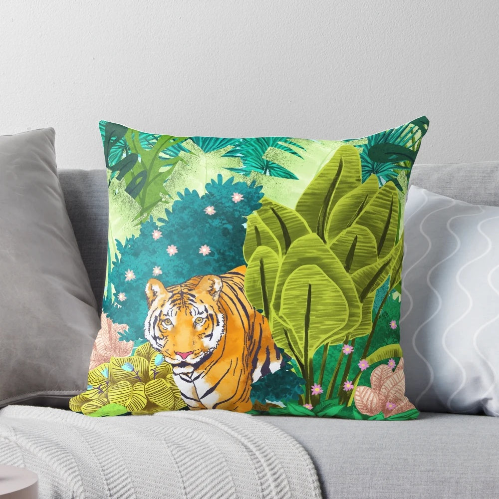 Lush tropical jungle scene with a majestic tiger, portrayed in a beautiful watercolor style on a decorative throw pillow.