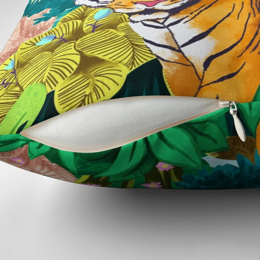 Lush tropical jungle scene with a majestic tiger, portrayed in a beautiful watercolor style on a decorative throw pillow.