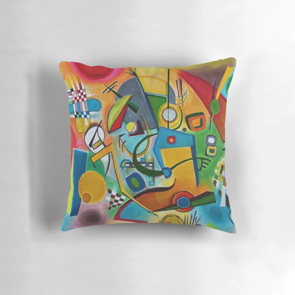 Colorful abstract art pillow featuring Kandinsky-inspired geometric patterns and expressionist brushstrokes