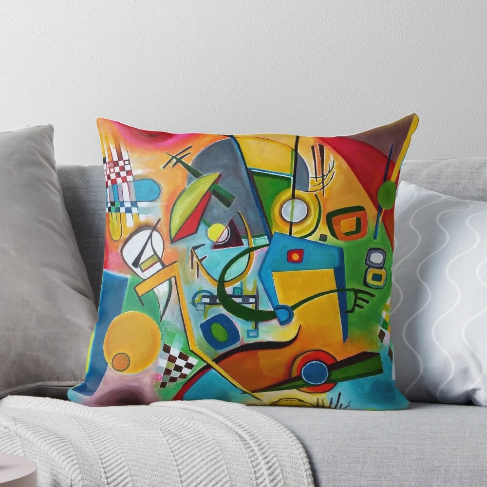 Colorful abstract art pillow featuring Kandinsky-inspired geometric patterns and expressionist brushstrokes
