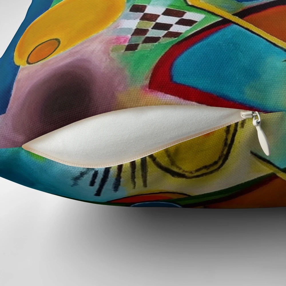 Colorful abstract art pillow featuring Kandinsky-inspired geometric patterns and expressionist brushstrokes