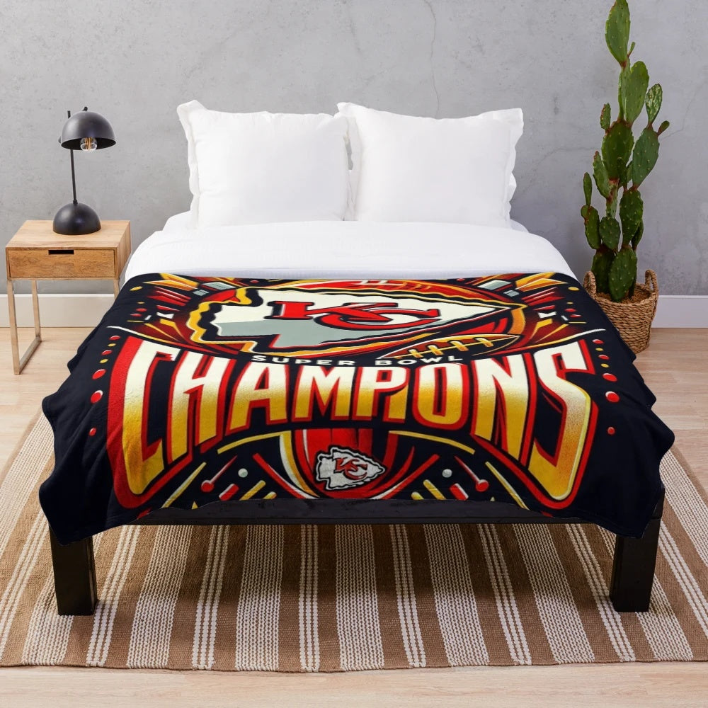 Detailed illustration of the Kansas City skyline on a plush blanket