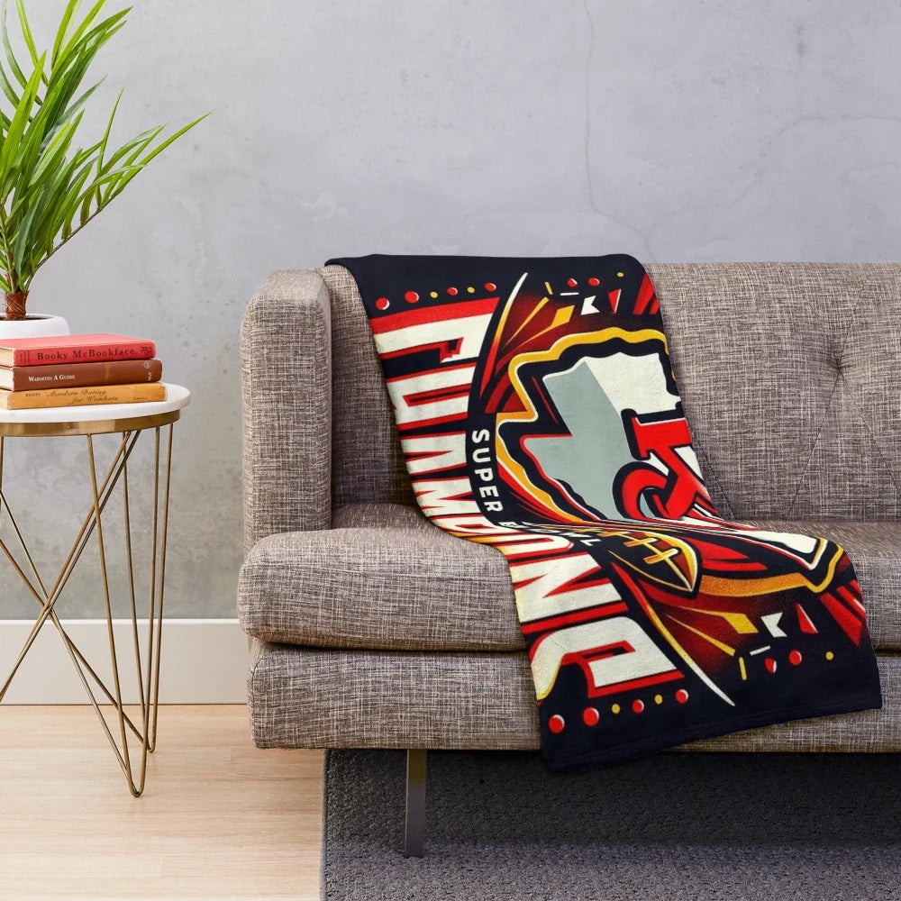 Detailed illustration of the Kansas City skyline on a plush blanket