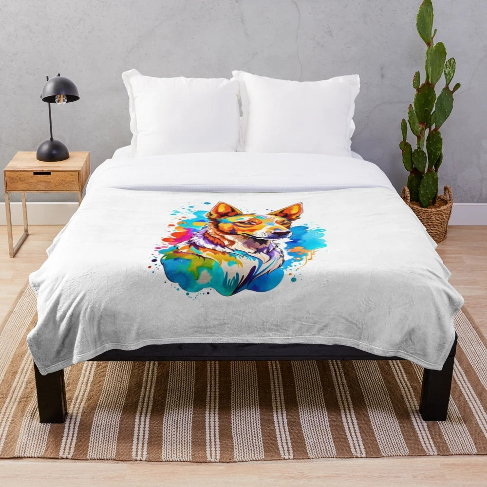 Vibrant watercolor-style Kelpie dog plush blanket