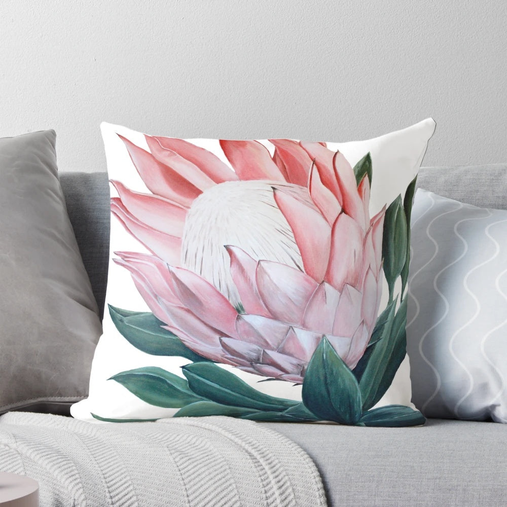 Decorative pillow featuring a painted image of a beautiful king protea flower, an iconic Australian native bloom.