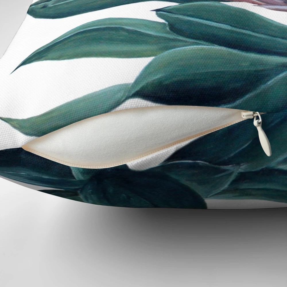 Decorative pillow featuring a painted image of a beautiful king protea flower, an iconic Australian native bloom.