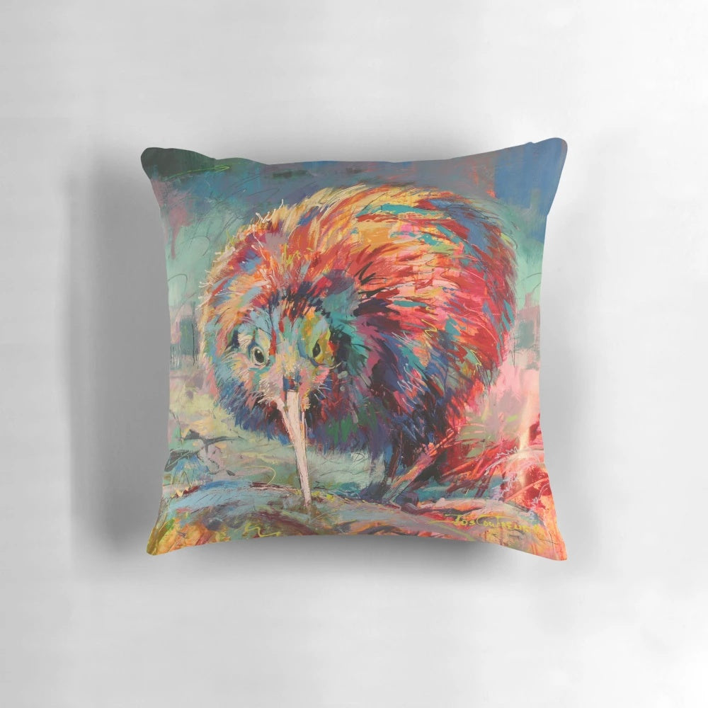 Kiwi-inspired decorative pillow featuring a colorful bird design