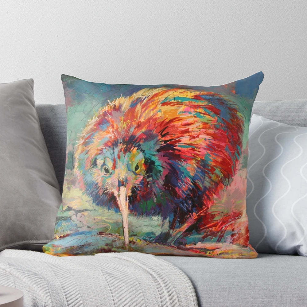 Kiwi-inspired decorative pillow featuring a colorful bird design