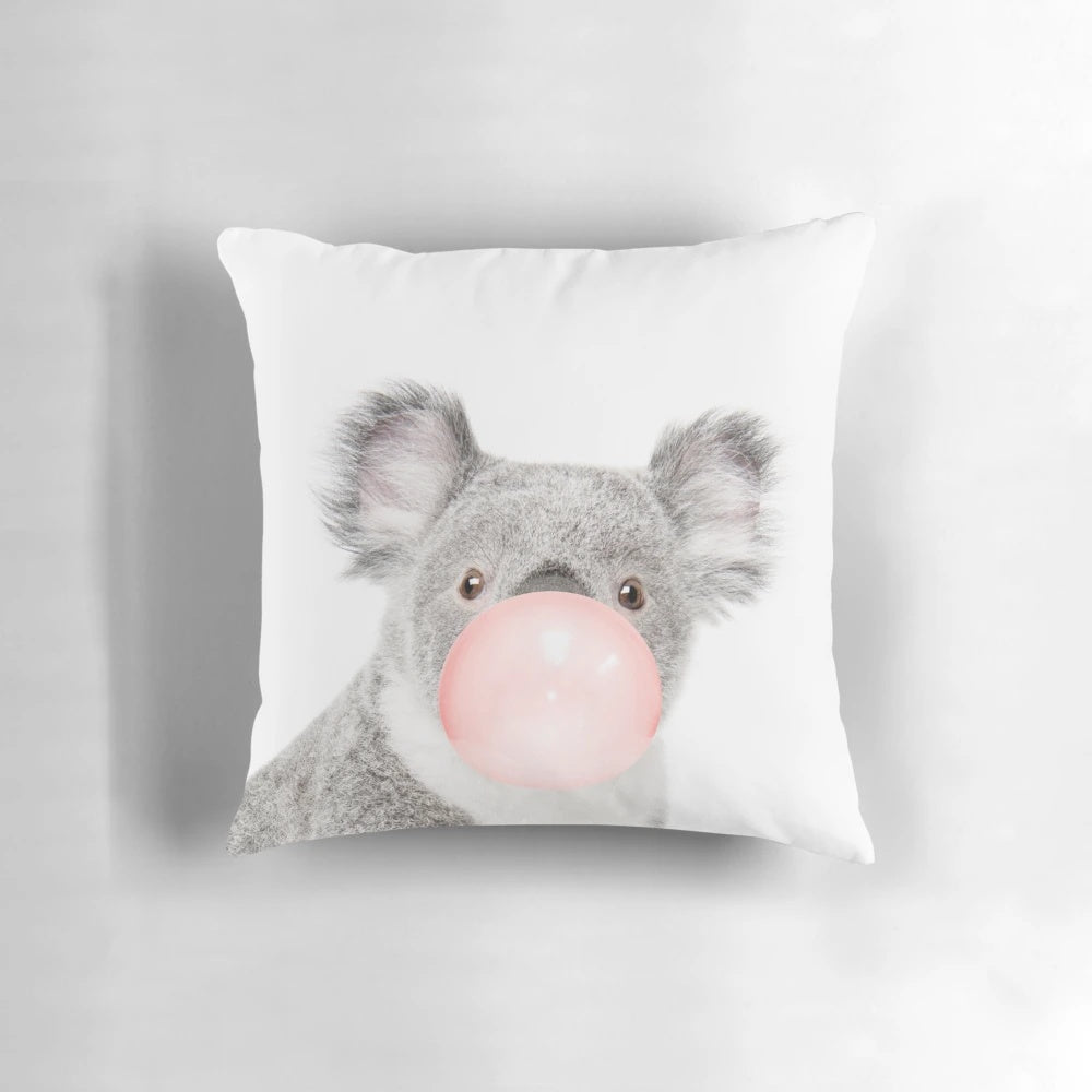 Colorful and whimsical koala print in shades of pink and blue, perfect for nursery or children's room wall decor.