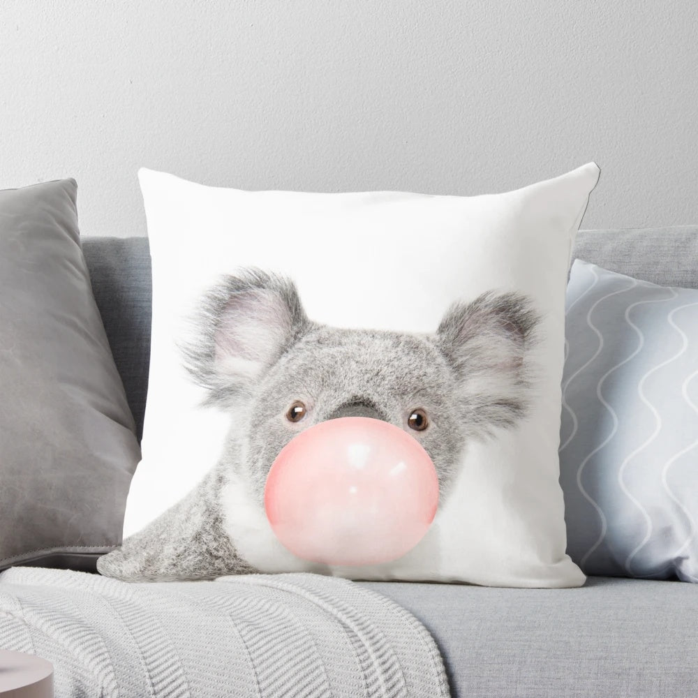 Colorful and whimsical koala print in shades of pink and blue, perfect for nursery or children's room wall decor.