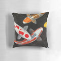 Decorative pillow featuring a vibrant painting of colorful koi fish swimming in a pond