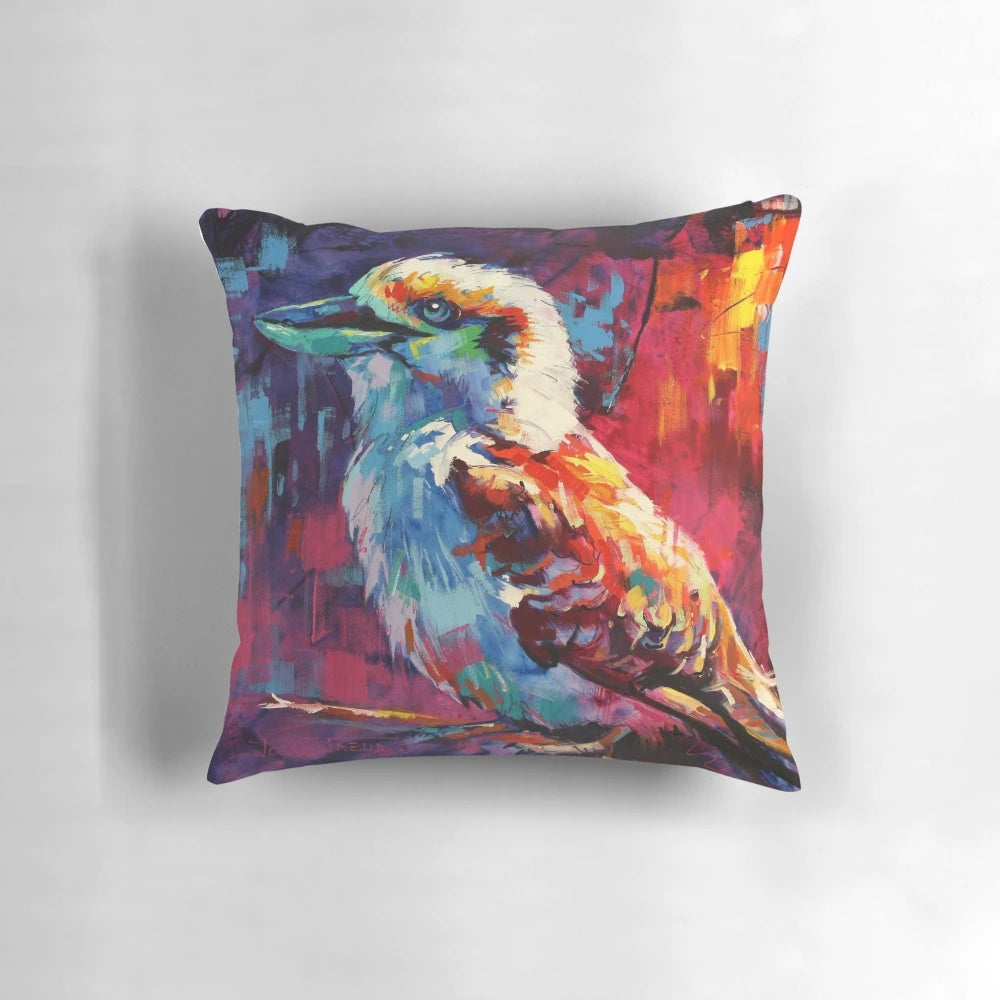 Colorful pop art-inspired image of a kookaburra bird perched on a gum tree branch