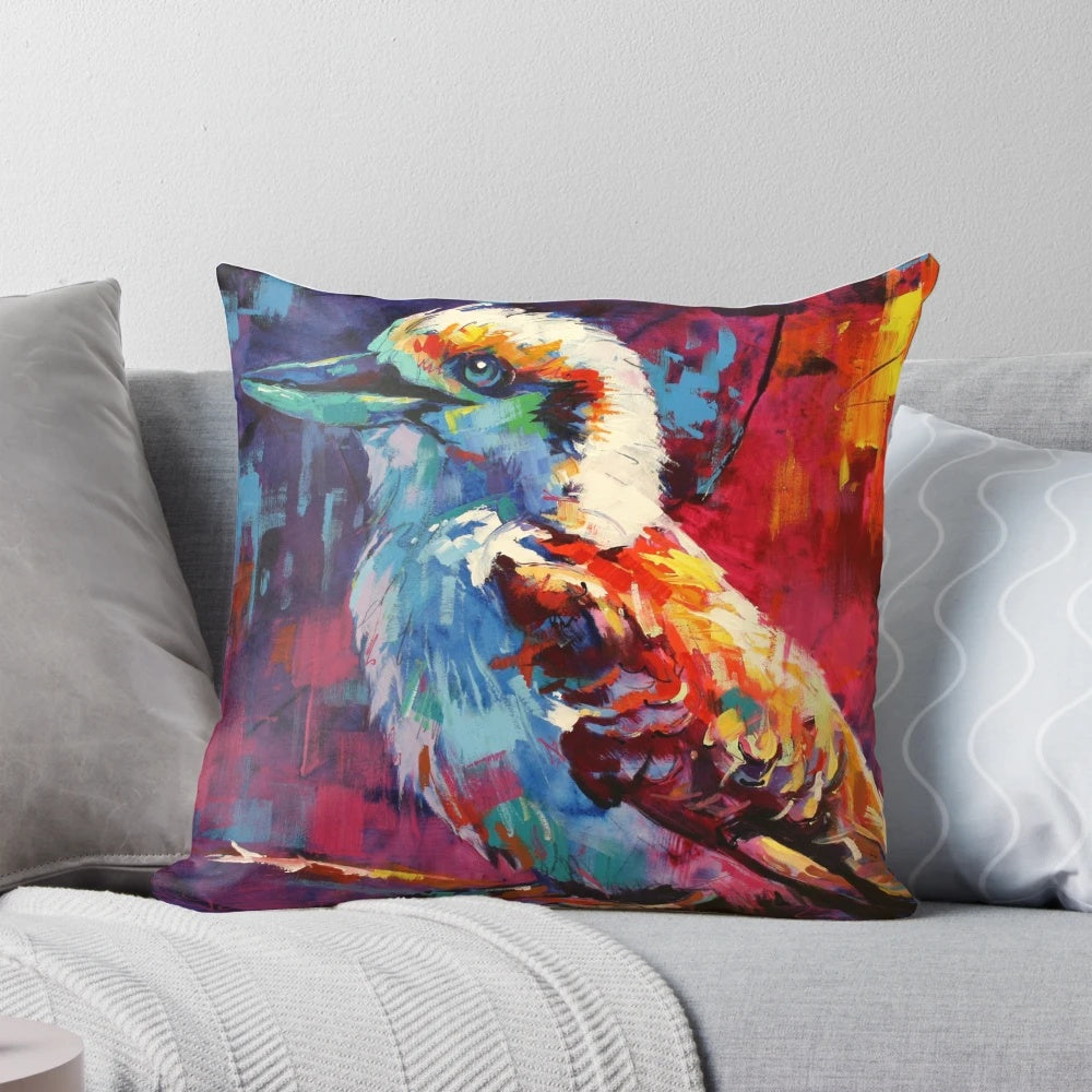 Colorful pop art-inspired image of a kookaburra bird perched on a gum tree branch