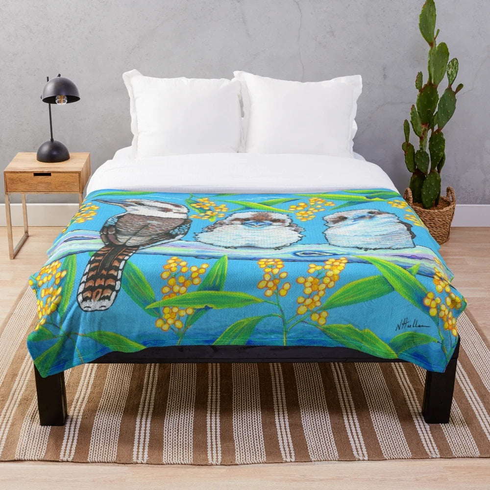 Colorful plush blanket featuring a vibrant kookaburra bird design