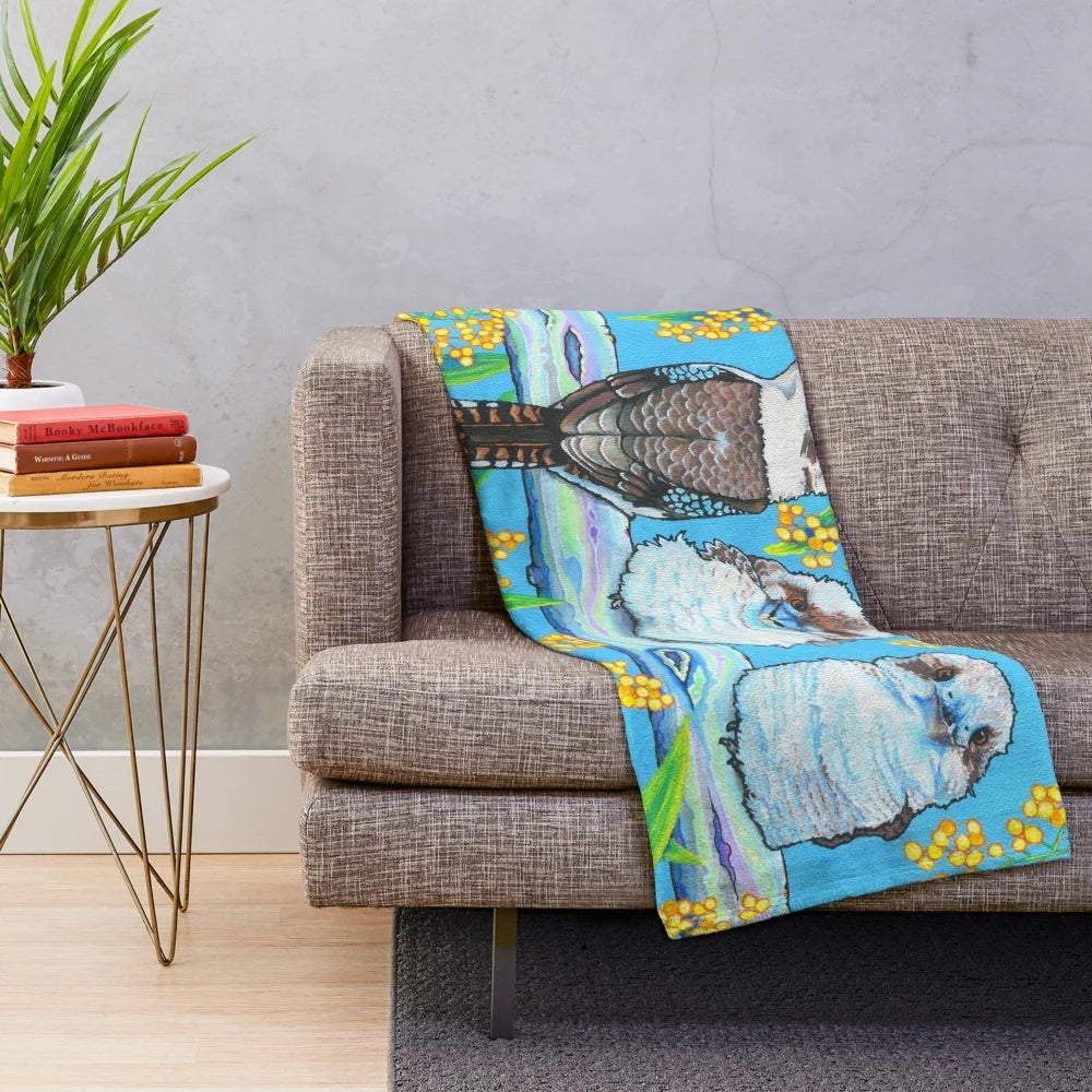 Colorful plush blanket featuring a vibrant kookaburra bird design