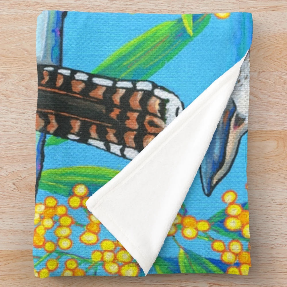 Colorful plush blanket featuring a vibrant kookaburra bird design