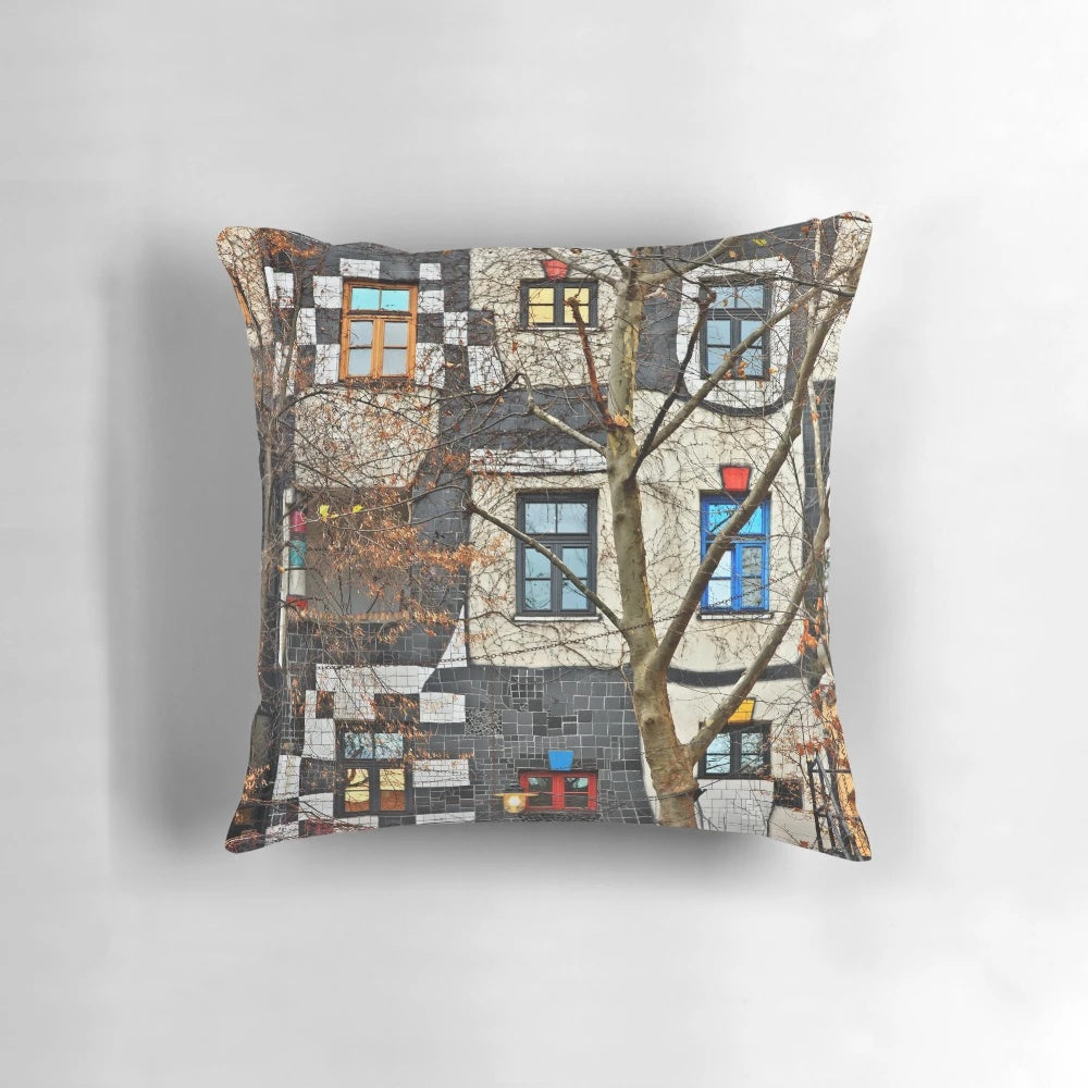Kunsthaus Wien pillow featuring Hundertwasser's colorful, wavy modern architecture design