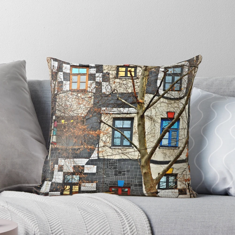 Kunsthaus Wien pillow featuring Hundertwasser's colorful, wavy modern architecture design