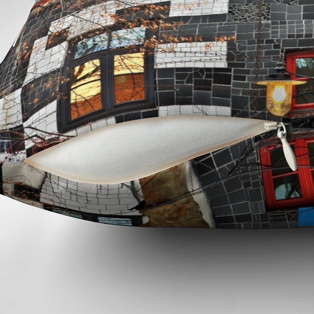 Kunsthaus Wien pillow featuring Hundertwasser's colorful, wavy modern architecture design
