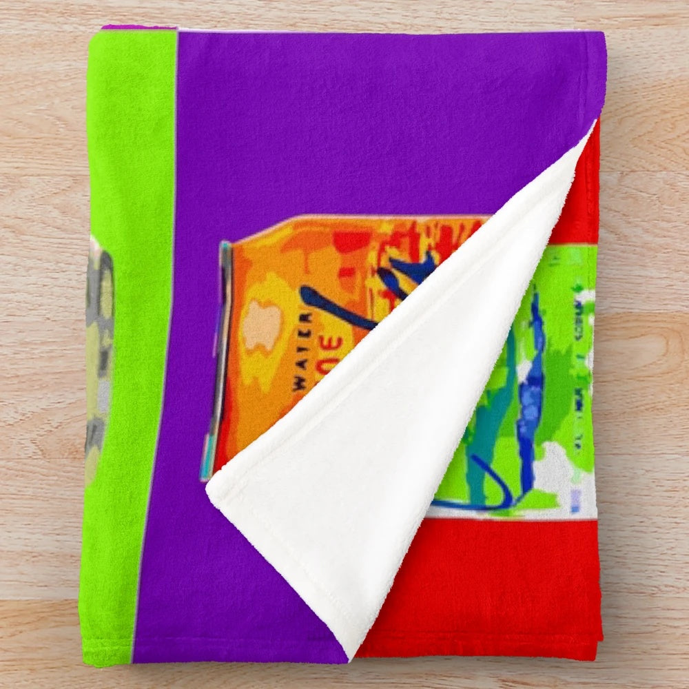 Colorful plush blanket featuring a pop art design of a LaCroix soda can