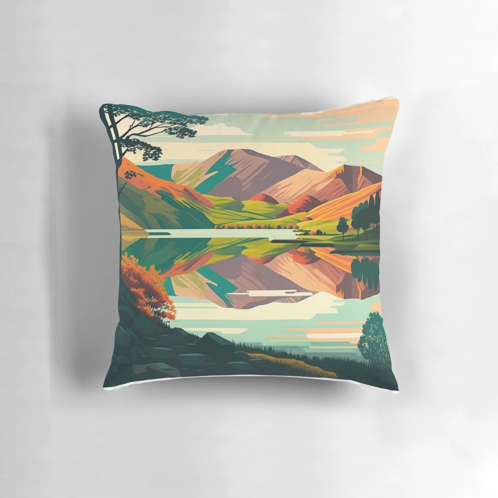 Vibrant and serene landscape of the Lake District region in England, featuring lakes, fells, and mountains, printed on a comfortable throw pillow.