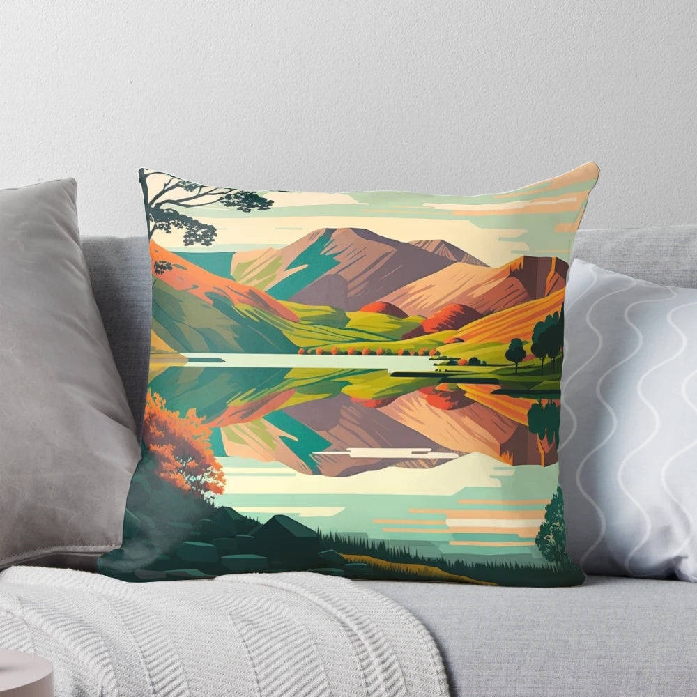 Vibrant and serene landscape of the Lake District region in England, featuring lakes, fells, and mountains, printed on a comfortable throw pillow.