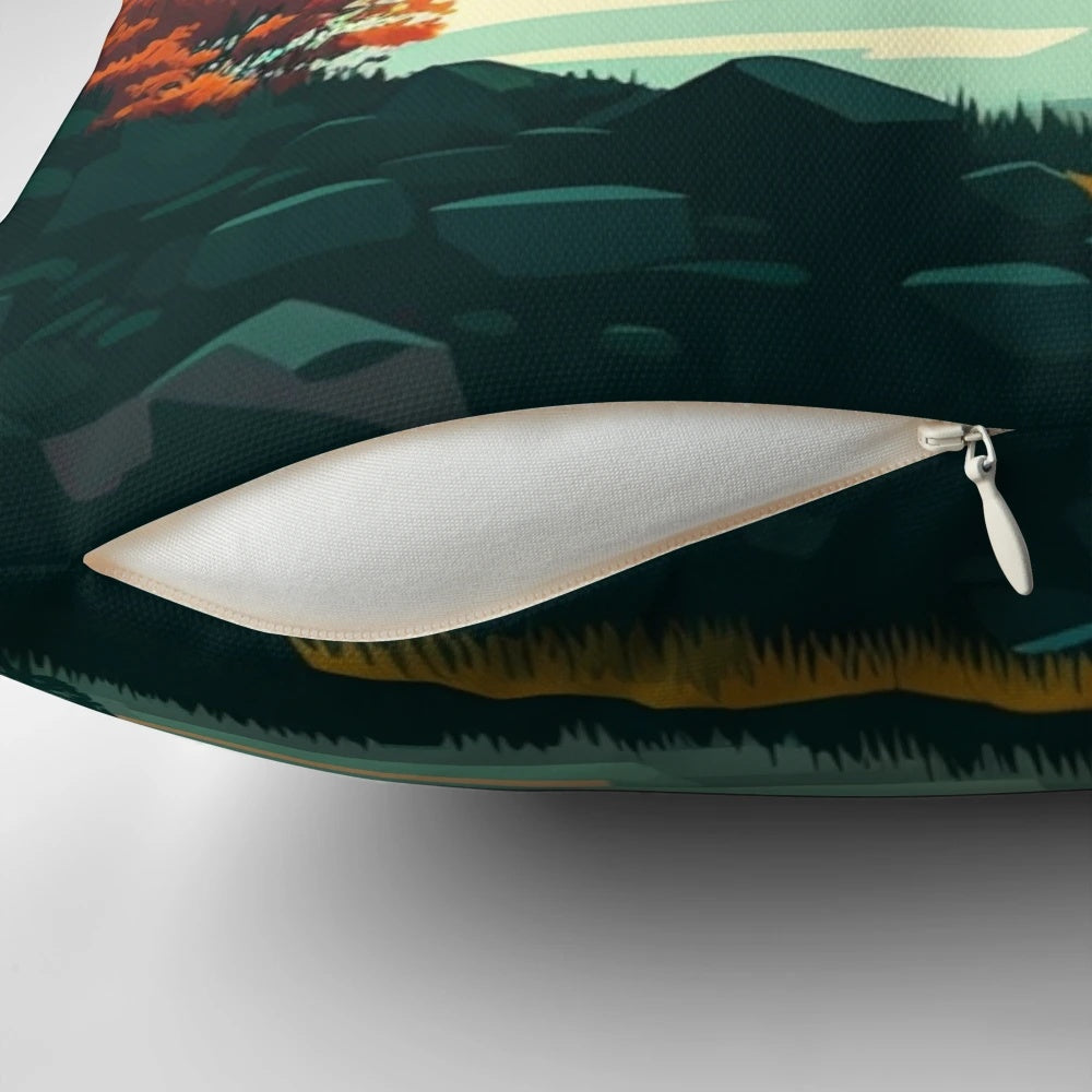 Vibrant and serene landscape of the Lake District region in England, featuring lakes, fells, and mountains, printed on a comfortable throw pillow.