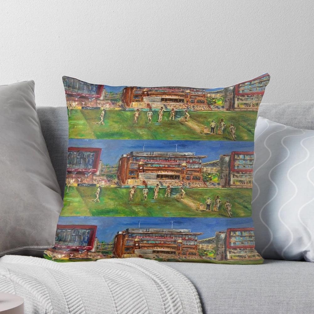 Colorful modern art pillow featuring the iconic Emirates Old Trafford cricket ground in Lancashire, England.
