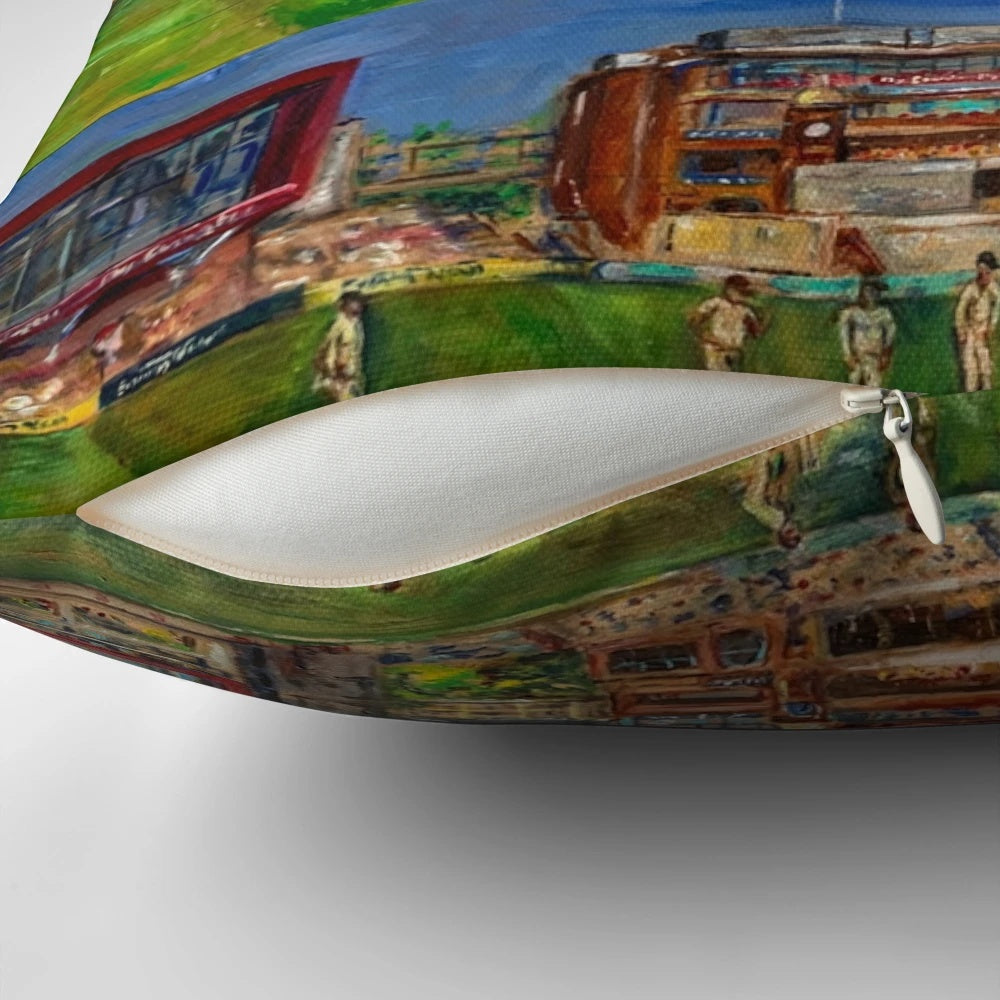 Colorful modern art pillow featuring the iconic Emirates Old Trafford cricket ground in Lancashire, England.