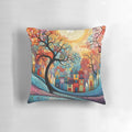 A colorful landscape painting in the style of Hundertwasser displayed on a square pillow