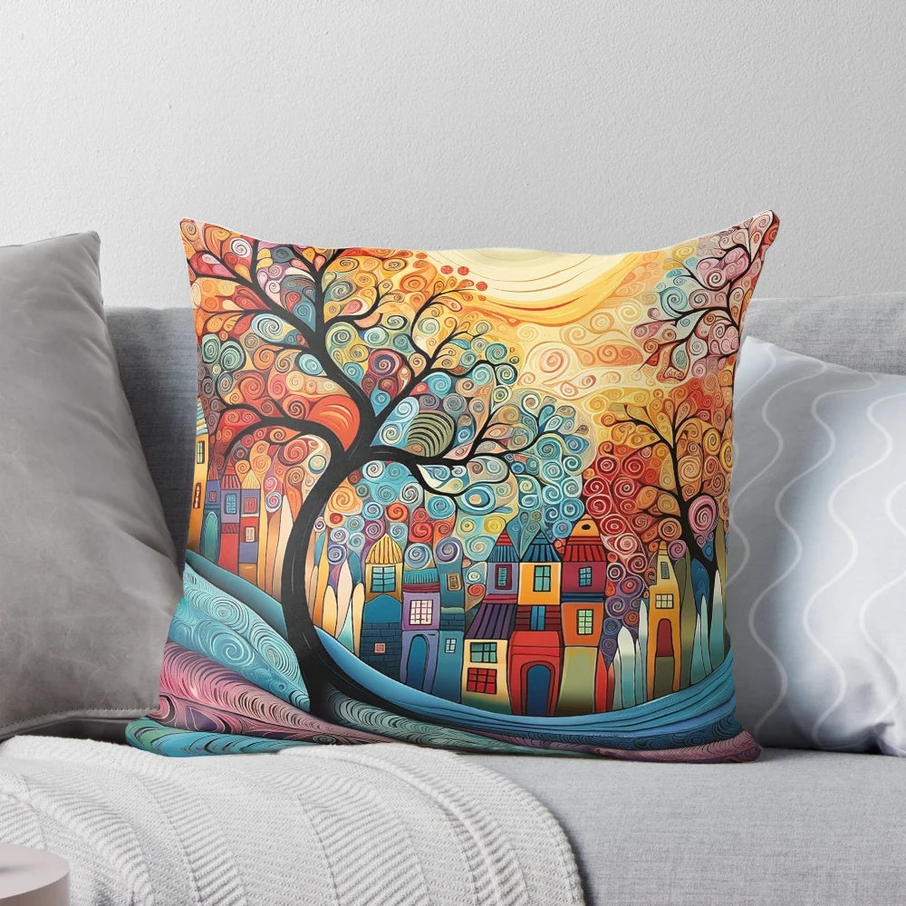A colorful landscape painting in the style of Hundertwasser displayed on a square pillow